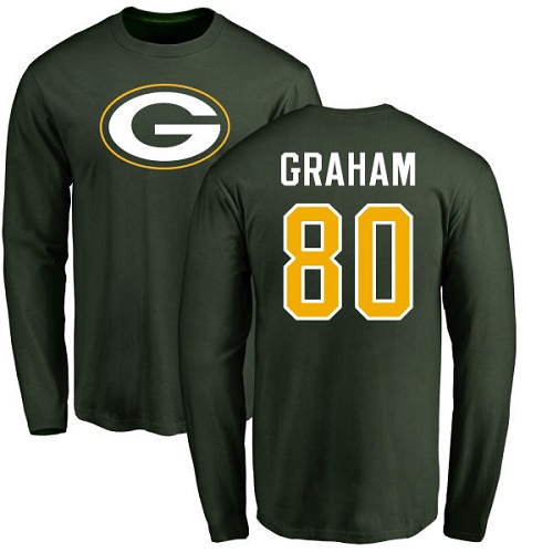 Men Green Bay Packers Green #80 Graham Jimmy Name And Number Logo Nike NFL Long Sleeve T Shirt->nfl t-shirts->Sports Accessory